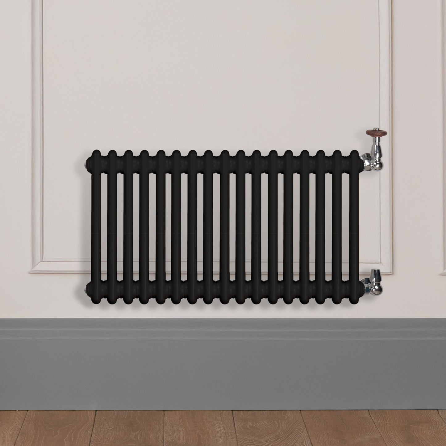 Grzejnik Dekoracyjny Żeberkowy - 3 Kolumnowy Czarny - 426x785mm, Designerski grzejnik na ścianie wyłożonej panelami Empire