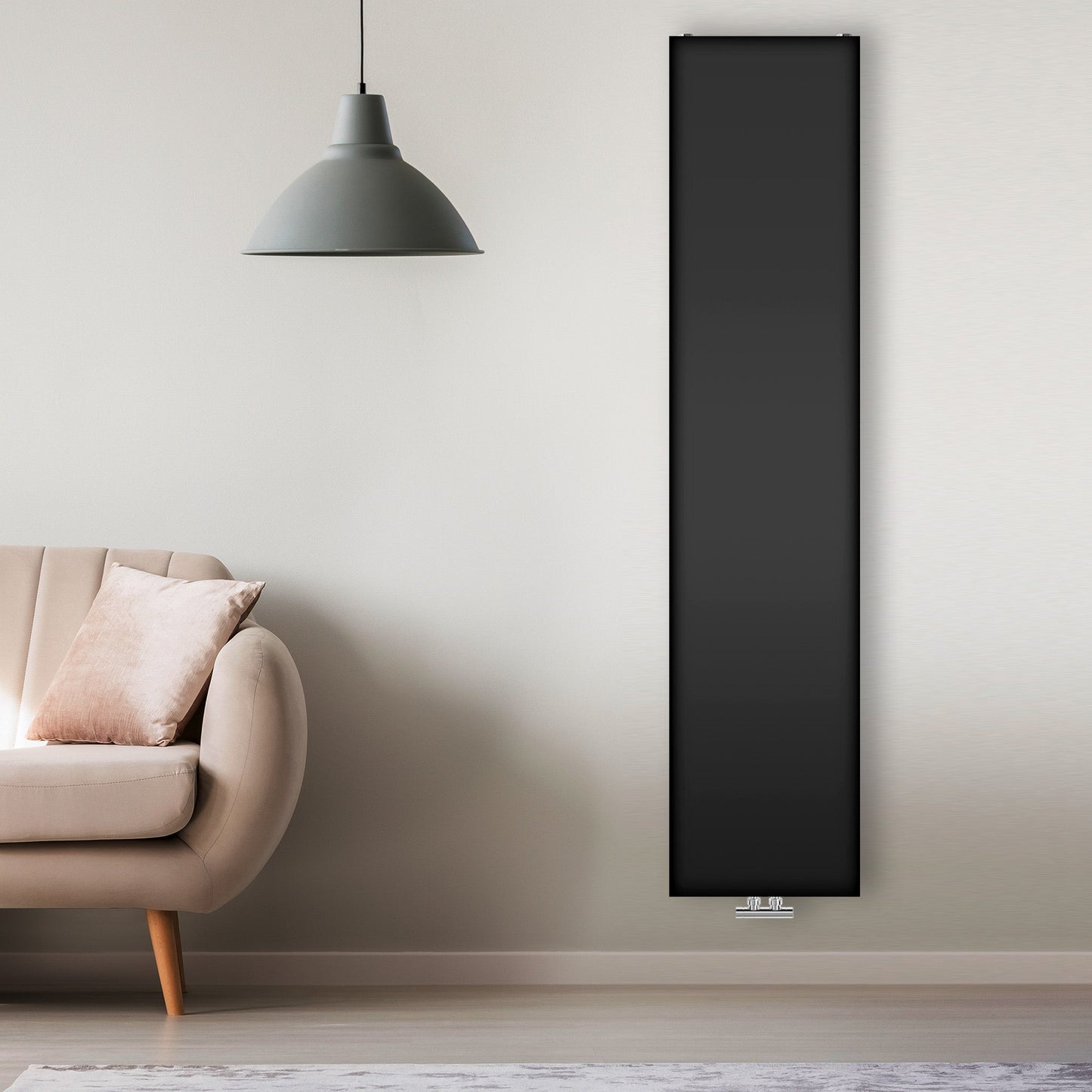 Grzejnik Dekoracyjny Pionowy - Płaski Panelowy Czarny - 1800x400mm, Designerski grzejnik w nowoczesnym salonie firmy Heissmann