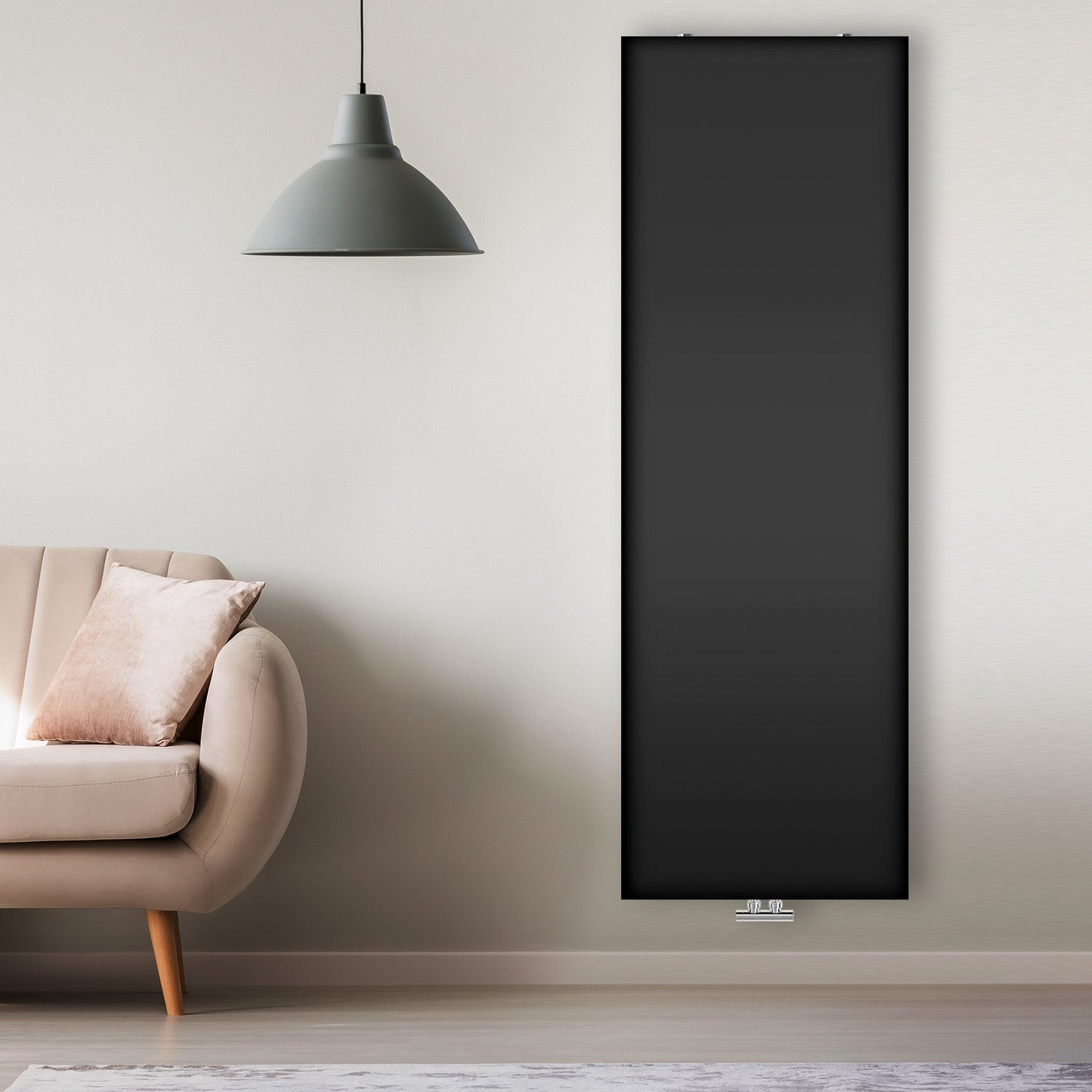 Grzejnik Dekoracyjny Pionowy - Płaski Panelowy Czarny - 1800x600mm, Designerski grzejnik w nowoczesnym salonie firmy Heissmann