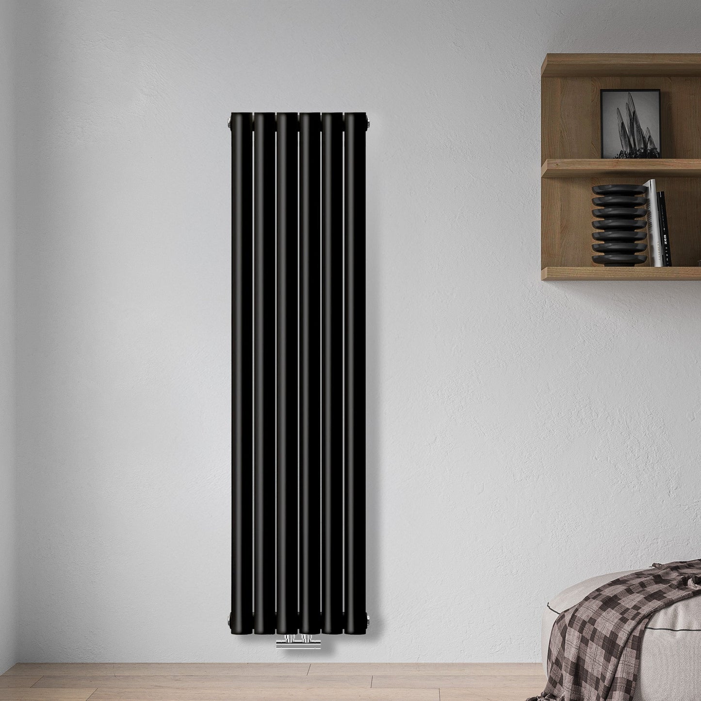 Grzejnik Dekoracyjny Pionowy - Owalny Kolumnowy Czarny - 1600x354mm, grzejnik we współczesnej sypialni firmy Heissmann