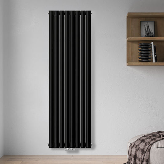 Grzejnik Dekoracyjny Pionowy - Owalny Podwójny Kolumnowy Czarny - 1800x472mm, grzejnik we współczesnej sypialni firmy Heissmann