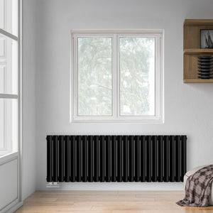 Grzejnik Dekoracyjny - Owalny Podwójny Kolumnowy Czarny - 560x1416mm, poziomy grzejnik dekoracyjny na ścianie firmy Heissmann
