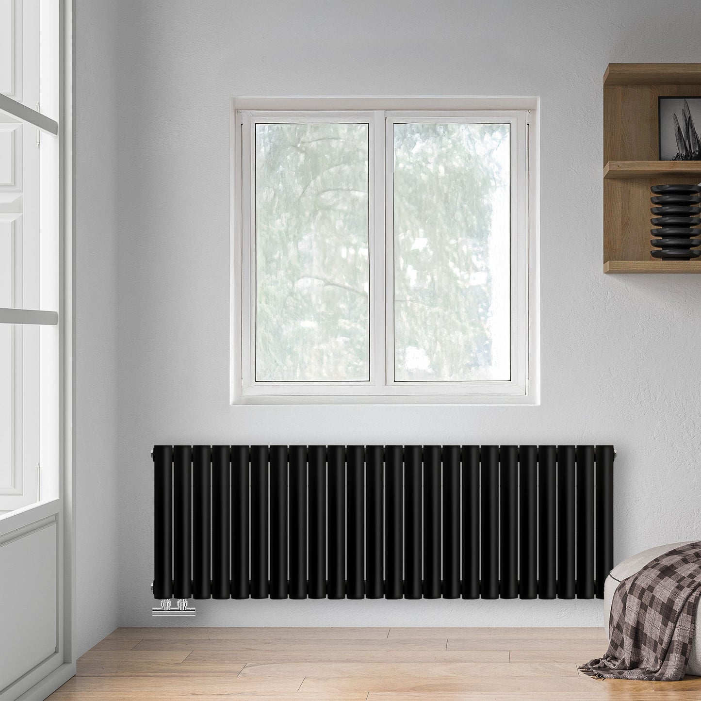 Grzejnik Dekoracyjny - Owalny Podwójny Kolumnowy Czarny - 560x1416mm, poziomy grzejnik w sypialni firmy Heissmann