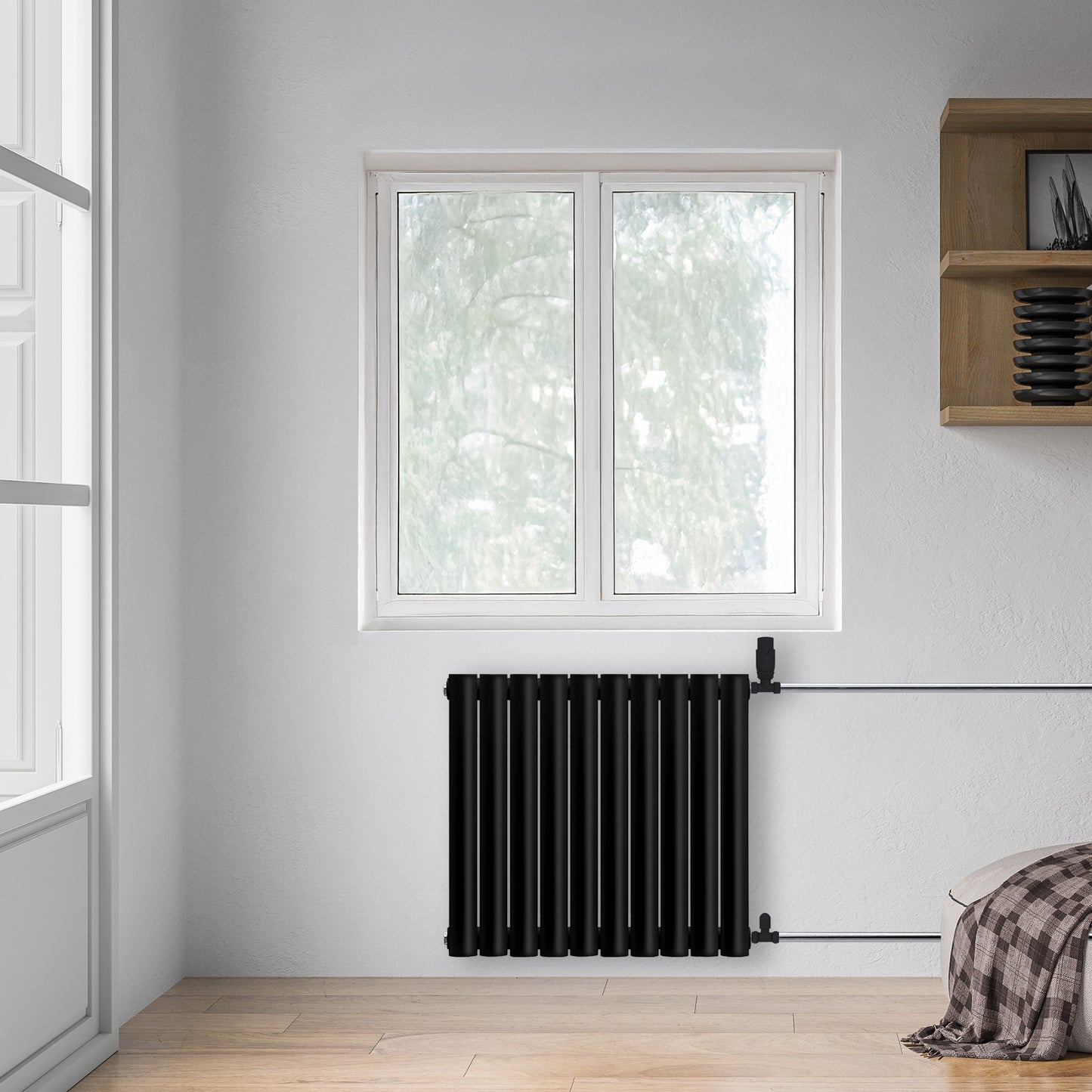 Grzejnik Dekoracyjny - Owalny Podwójny Kolumnowy Czarny - 660x590mm, poziomy grzejnik dekoracyjny na ścianie firmy Heissmann