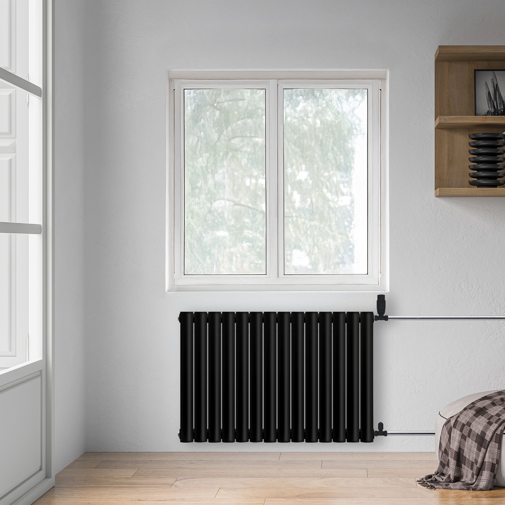Grzejnik Dekoracyjny - Owalny Podwójny Kolumnowy Czarny - 660x826mm, poziomy grzejnik dekoracyjny na ścianie firmy Heissmann
