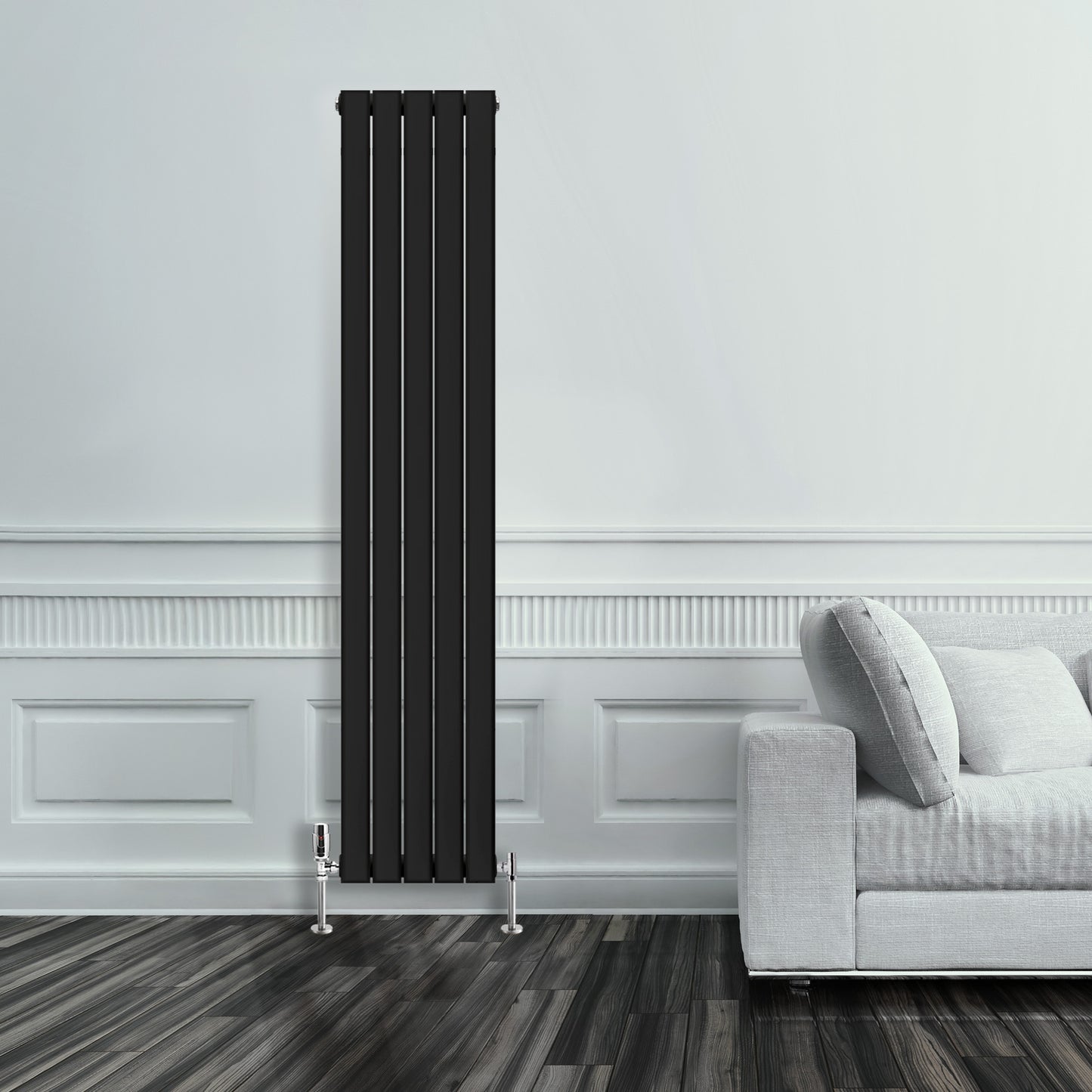 Grzejnik Pionowy Ozdobny - Podwójny Panelowy Czarny - 1800x350mm, Pionowy grzejnik dekoracyjny na ścianie firmy Heissmann