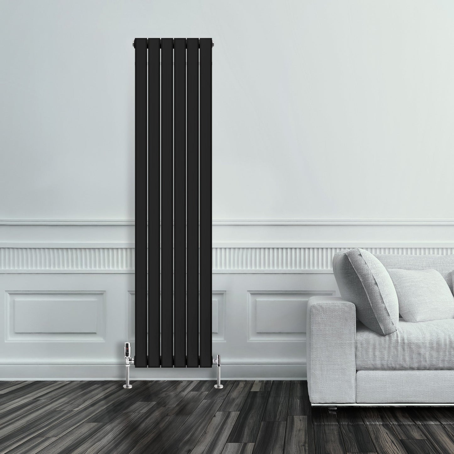 Grzejnik Pionowy Ozdobny - Podwójny Panelowy Czarny - 1800x420mm, Designerski grzejnik w nowoczesnym salonie firmy Heissmann