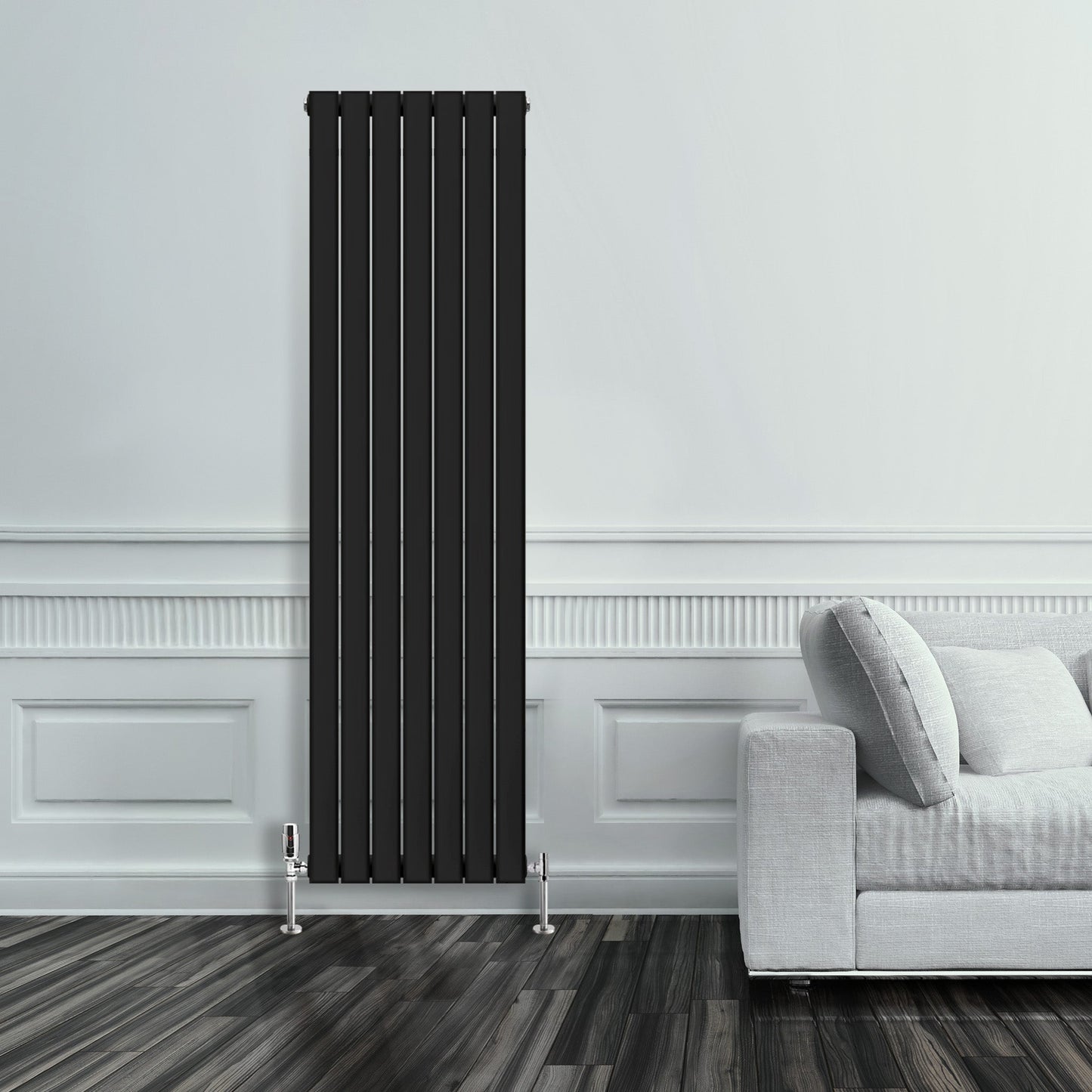 Grzejnik Pionowy Ozdobny - Podwójny Panelowy Czarny - 1800x490mm, Designerski grzejnik w nowoczesnym salonie firmy Heissmann