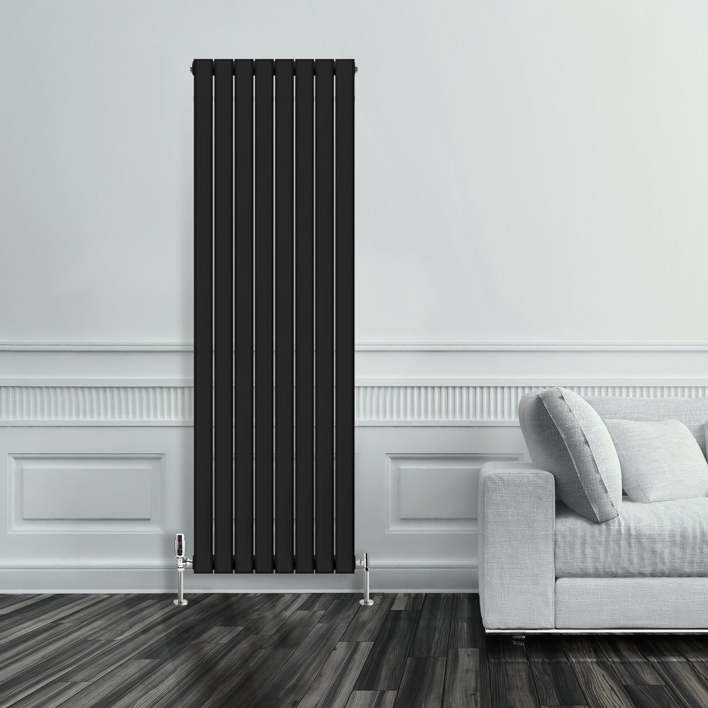 Grzejnik Pionowy Ozdobny - Podwójny Panelowy Czarny - 1800x560mm, Designerski grzejnik w nowoczesnym salonie firmy Heissmann
