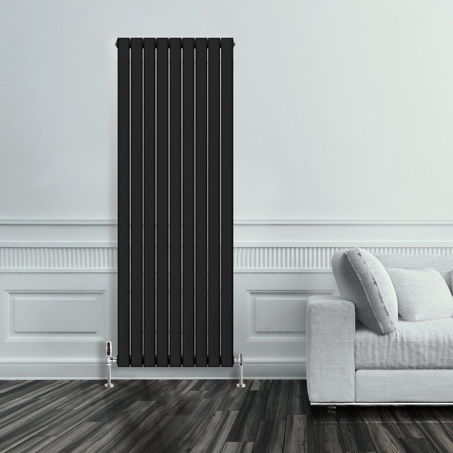 Grzejnik Pionowy Ozdobny - Podwójny Panelowy Czarny - 1800x630mm, Designerski grzejnik w nowoczesnym salonie firmy Heissmann