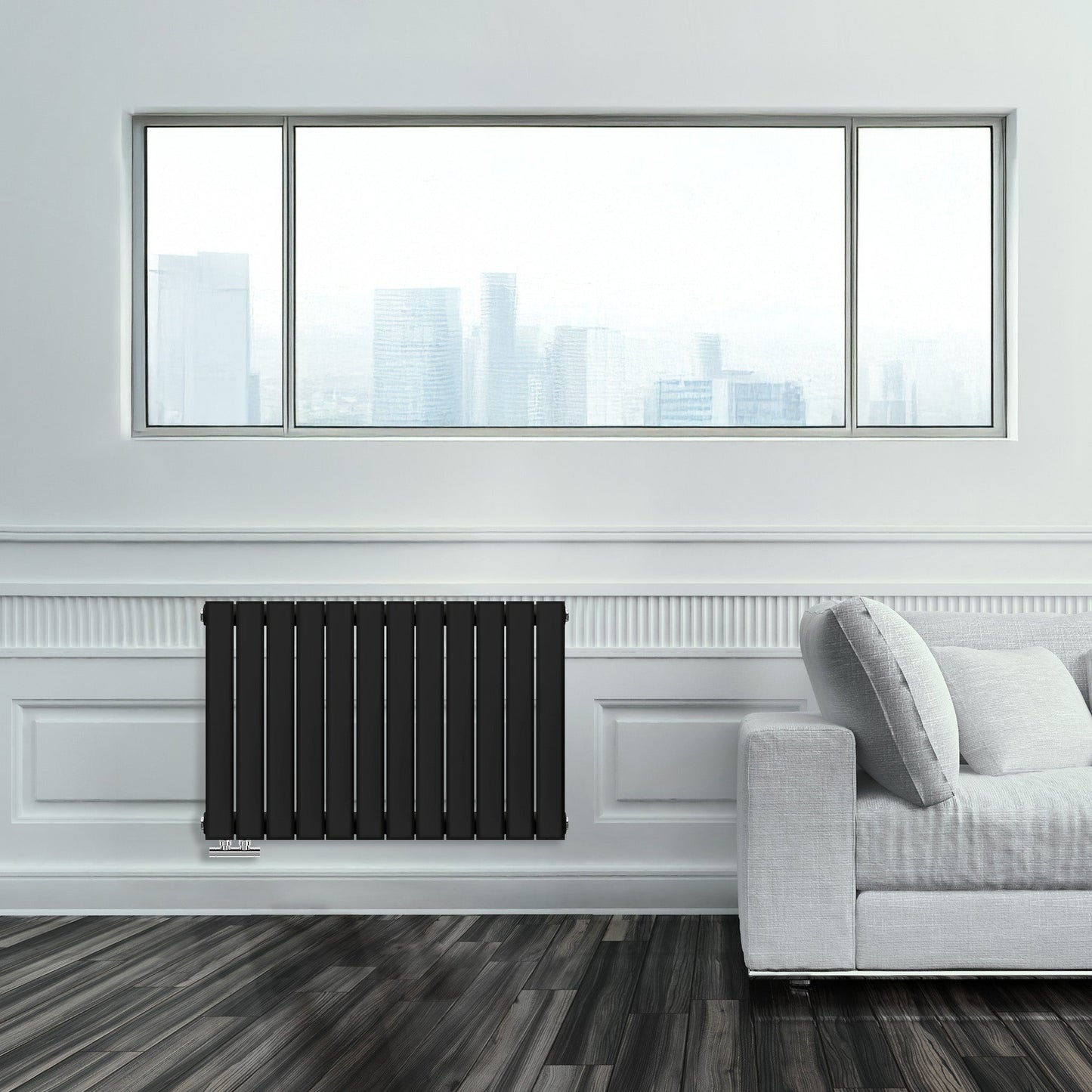 Grzejnik Ozdobny - Podwójny Panelowy Czarny - 560x840mm, Designerski grzejnik w nowoczesnym salonie firmy Heissmann