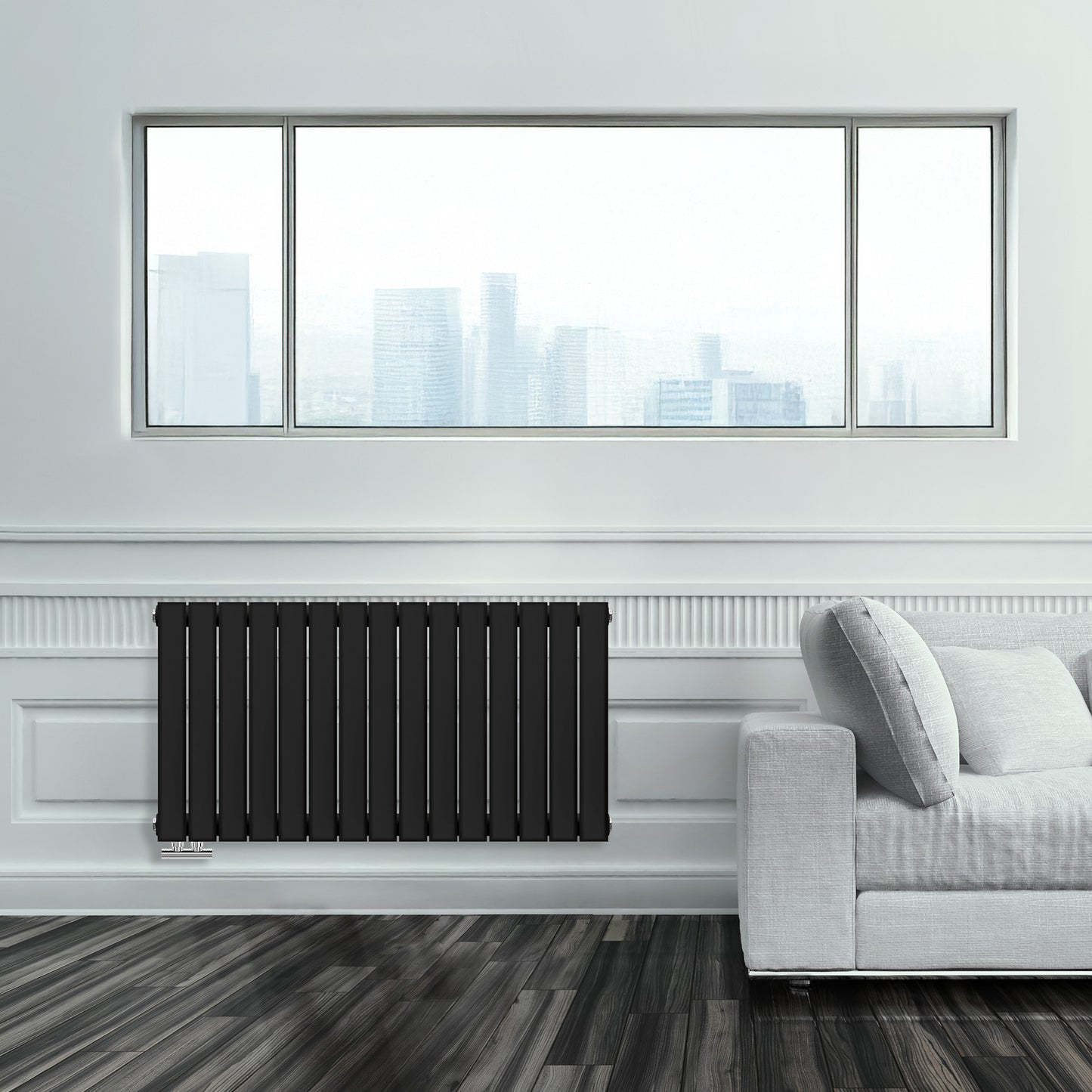 Grzejnik Ozdobny - Podwójny Panelowy Czarny - 560x1050mm, poziomy grzejnik dekoracyjny na ścianie firmy Heissmann