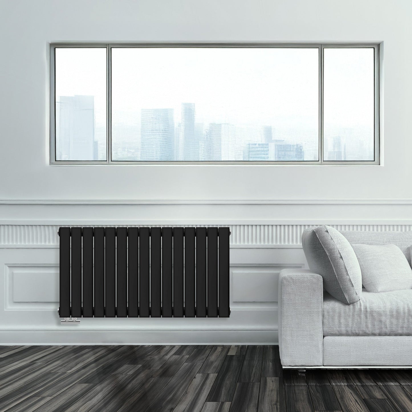 Grzejnik Ozdobny - Podwójny Panelowy Czarny - 560x1050mm, Designerski grzejnik w nowoczesnym salonie firmy Heissmann