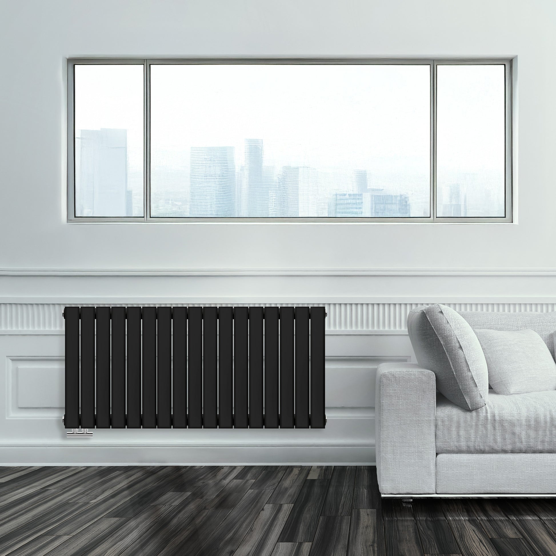 Grzejnik Ozdobny - Podwójny Panelowy Czarny - 560x1190mm, poziomy grzejnik dekoracyjny na ścianie firmy Heissmann