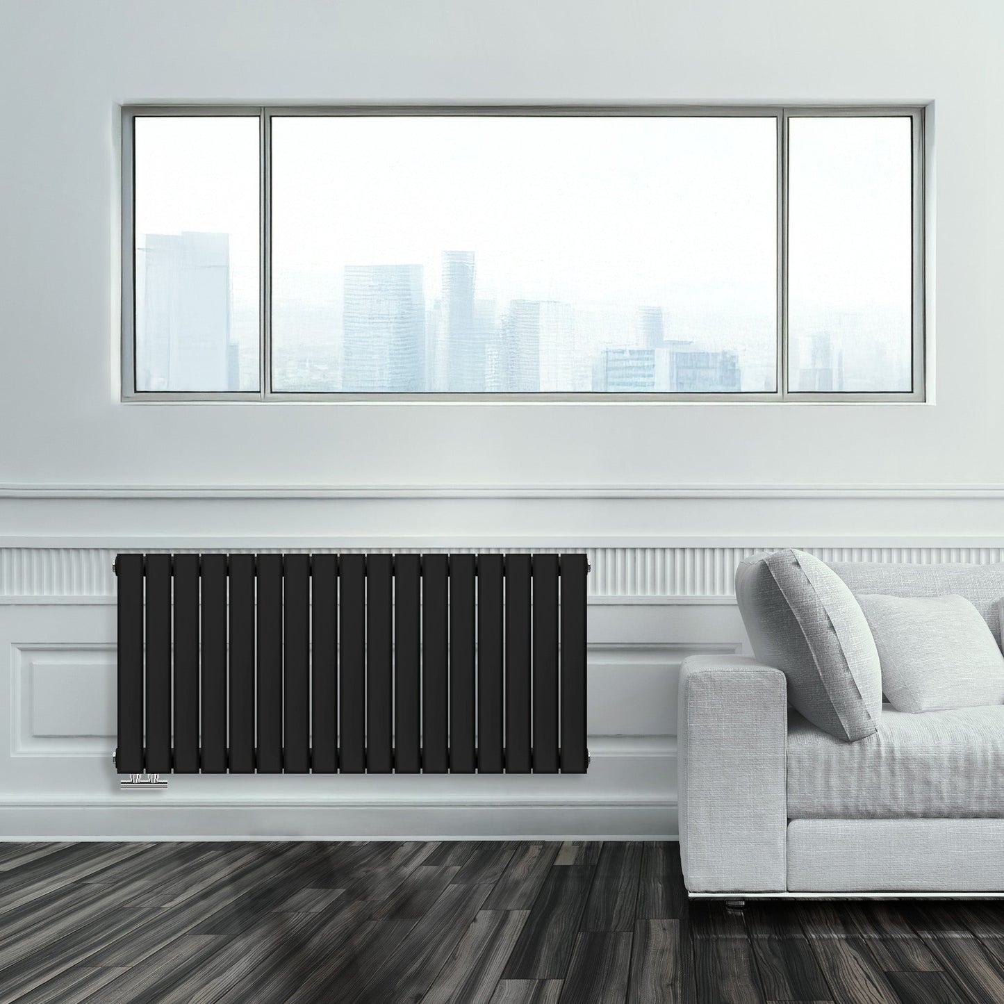 Grzejnik Ozdobny - Podwójny Panelowy Czarny - 560x1190mm, Designerski grzejnik w nowoczesnym salonie firmy Heissmann