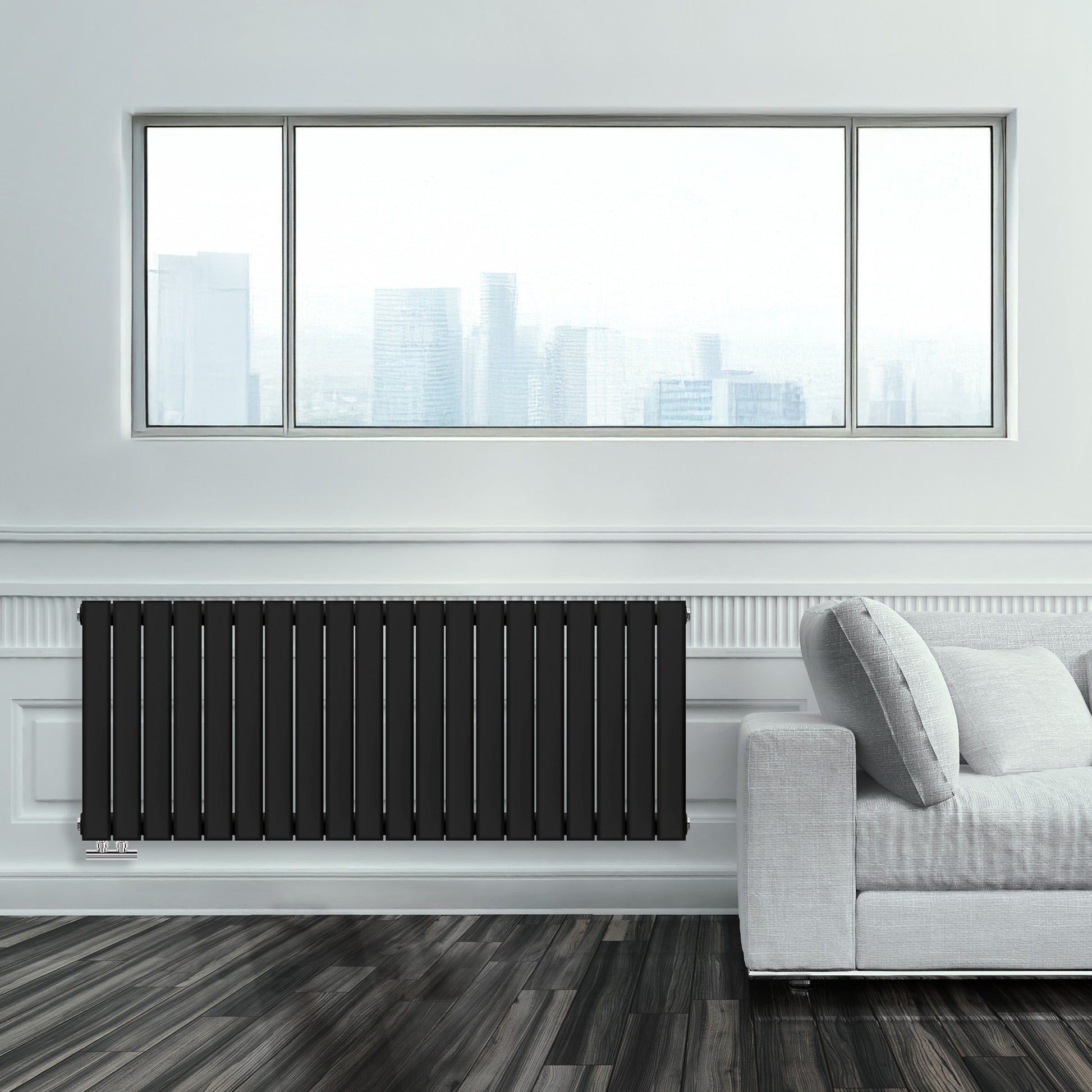 Grzejnik Ozdobny - Podwójny Panelowy Czarny - 560x1400mm, poziomy grzejnik dekoracyjny na ścianie firmy Heissmann