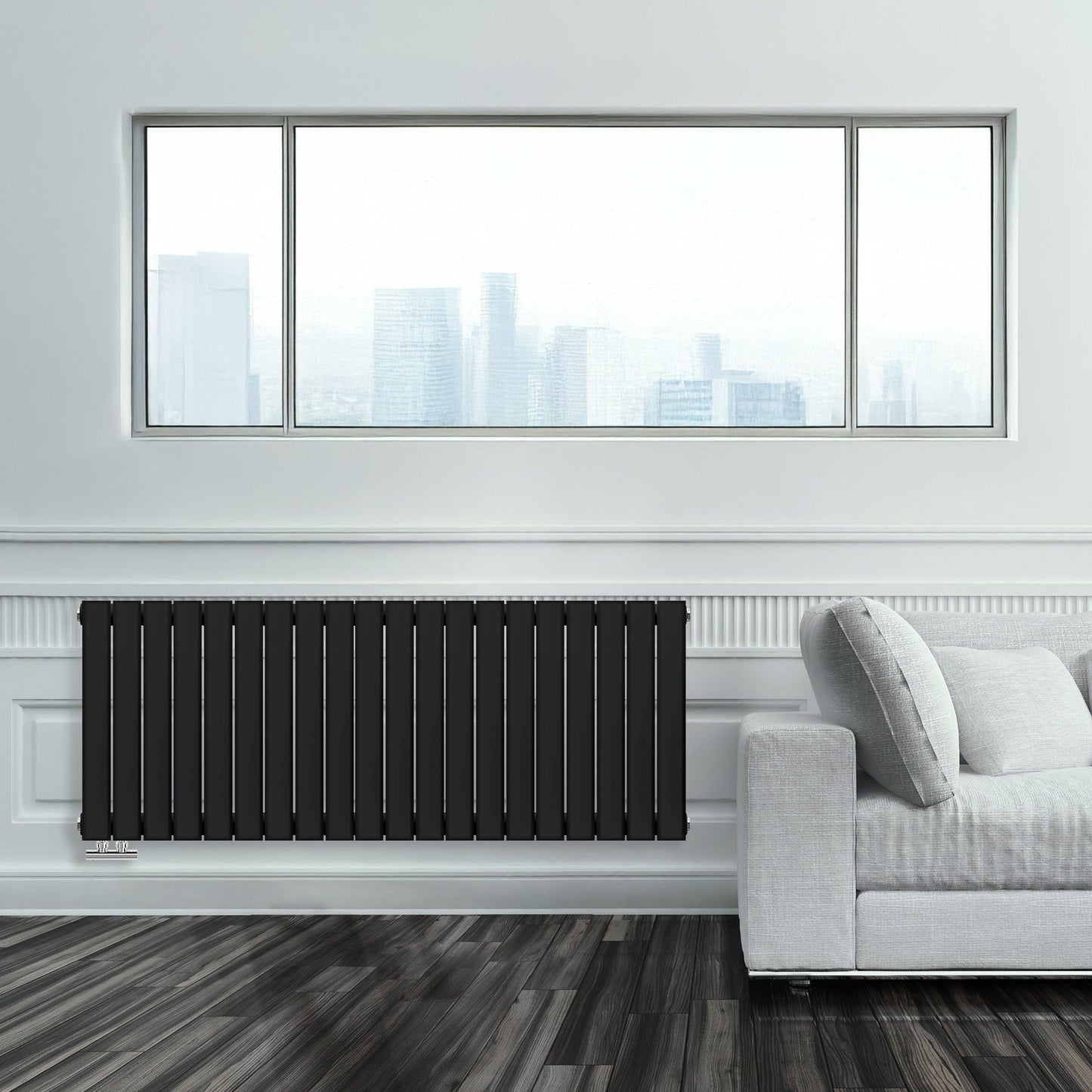 Grzejnik Ozdobny - Podwójny Panelowy Czarny - 560x1400mm, Designerski grzejnik w nowoczesnym salonie firmy Heissmann