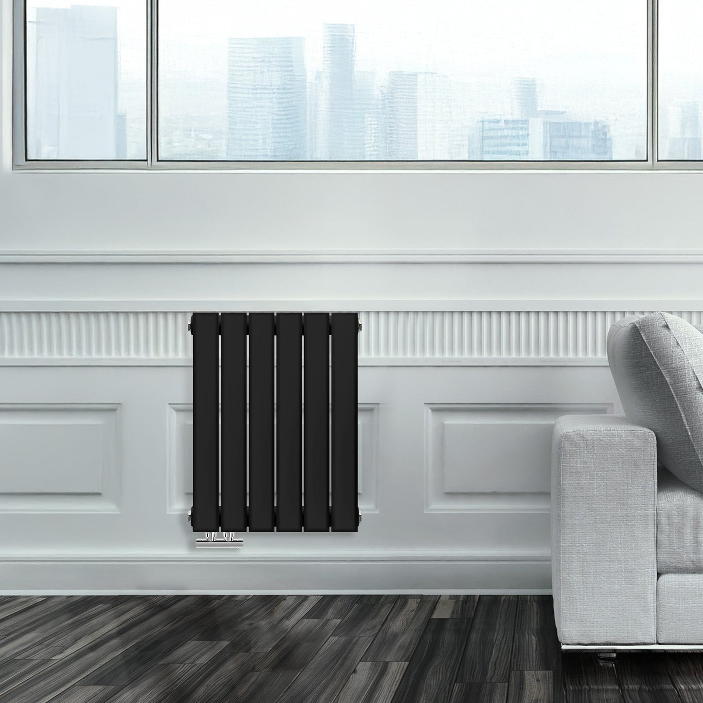 Grzejnik Ozdobny - Podwójny Panelowy Czarny - 560x420mm, Designerski grzejnik w nowoczesnym salonie firmy Heissmann