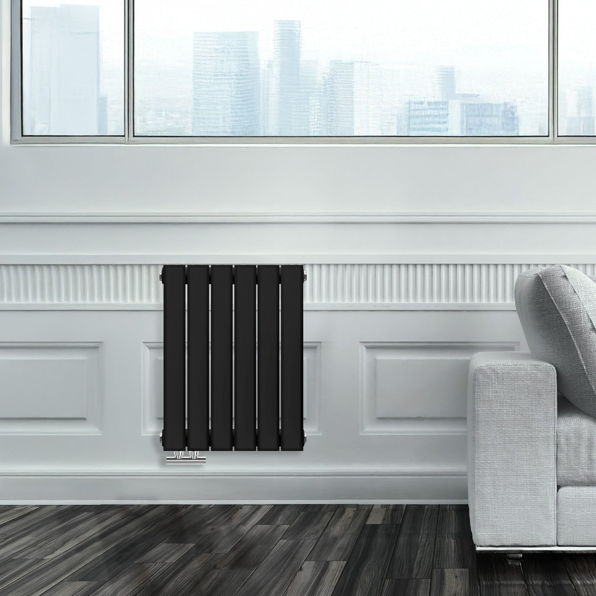 Grzejnik Ozdobny - Podwójny Panelowy Czarny - 560x420mm, Designerski grzejnik w nowoczesnym salonie firmy Heissmann