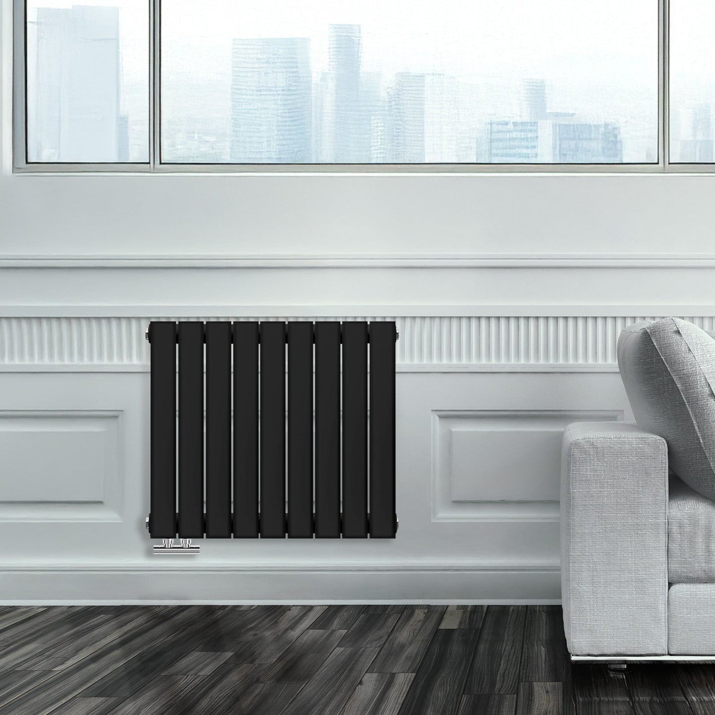 Grzejnik Ozdobny - Podwójny Panelowy Czarny - 560x630mm, Designerski grzejnik w nowoczesnym salonie firmy Heissmann