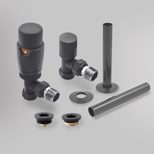 Zawór termostatyczny i zestaw wykończeniowy Kątowy - Antracyt, dekoracyjne zawory grzejnikowe Mandelli - gładkie tło