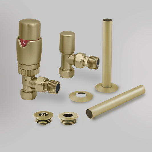 Zawór termostatyczny i zestaw wykończeniowy Kątowy - Szczotkowane złoto, dekoracyjne zawory grzejnikowe Mandelli - gładkie tło