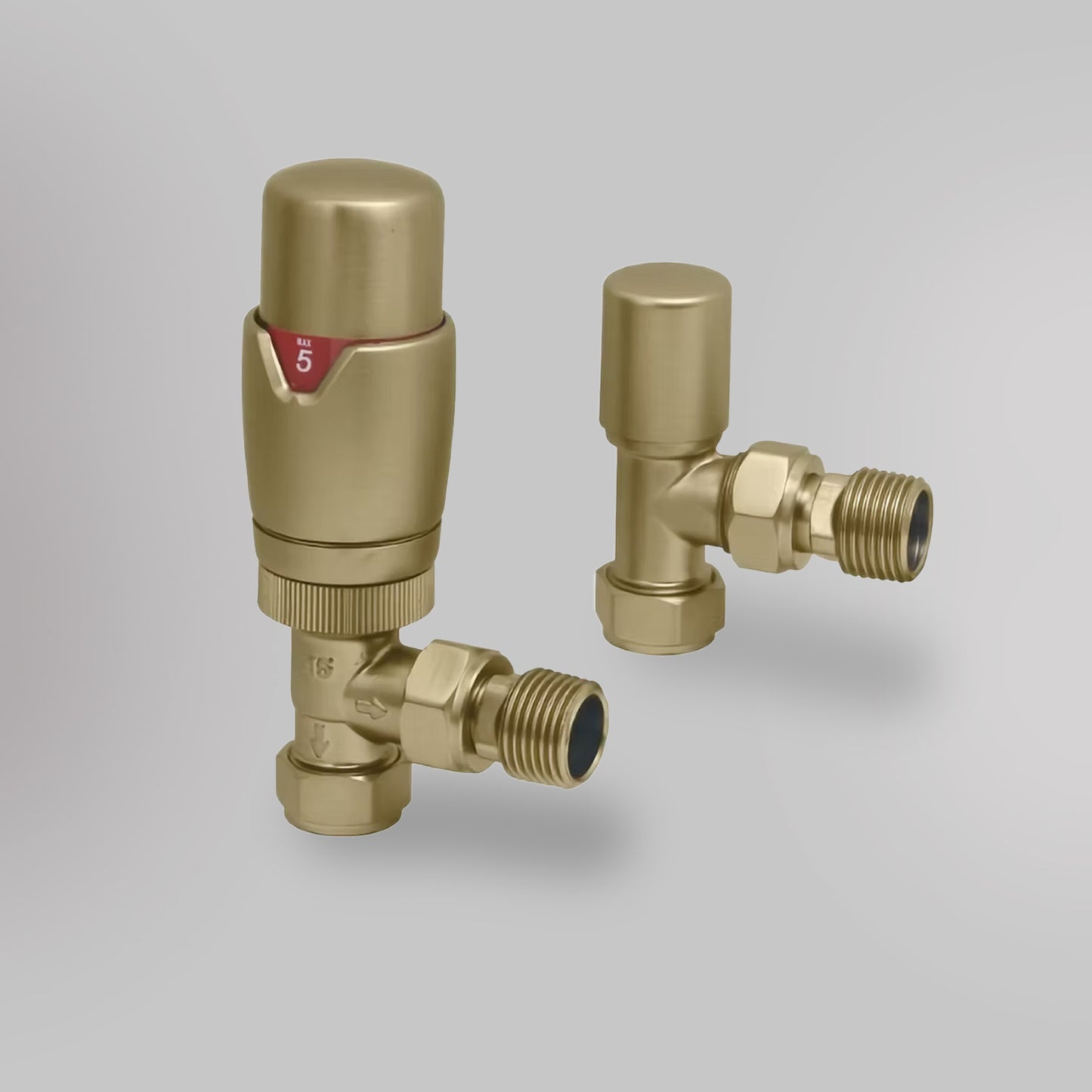 Zawór Termostatyczny Kątowy - Szczotkowane złoto, dekoracyjne zawory grzejnikowe Mandelli - gładkie tło