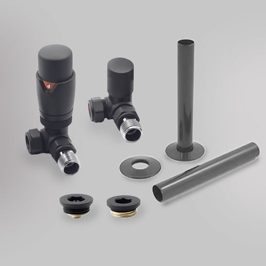 Zawór termostatyczny i zestaw wykończeniowy Trójosiowy - Antracyt, dekoracyjne zawory grzejnikowe Mandelli - gładkie tło