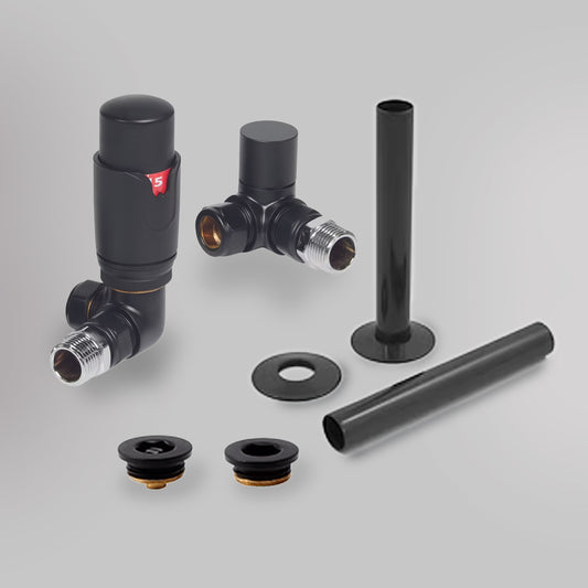 Zawór termostatyczny i zestaw wykończeniowy Trójosiowy - Czarny, dekoracyjne zawory grzejnikowe Mandelli - gładkie tło