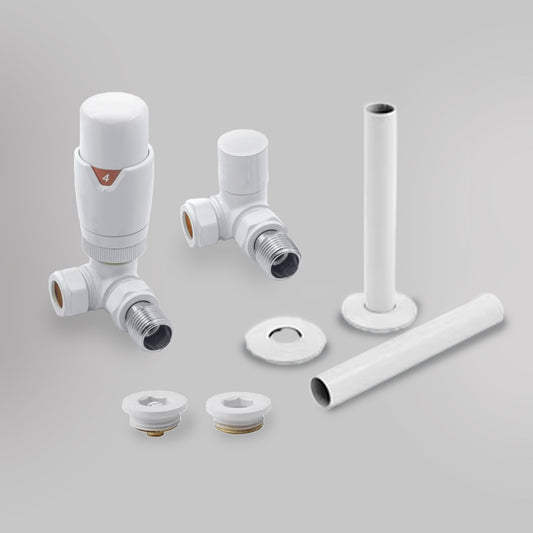 Zawór termostatyczny i zestaw wykończeniowy Trójosiowy - Biały, dekoracyjne zawory grzejnikowe Mandelli - gładkie tło