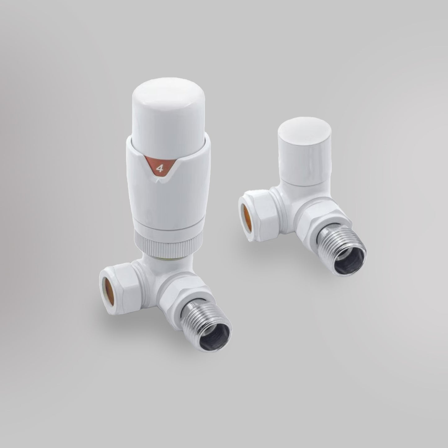 Zawór Termostatyczny Trójosiowy - Biały, dekoracyjne zawory grzejnikowe Mandelli - gładkie tło