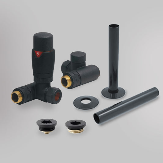 Zawór termostatyczny i zestaw wykończeniowy Dwupaliwowy - Antracyt, dekoracyjne zawory grzejnikowe Mandelli - gładkie tło