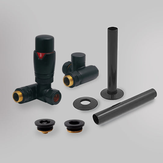 Zawór termostatyczny i zestaw wykończeniowy Dwupaliwowy - Czarny, dekoracyjne zawory grzejnikowe Mandelli - gładkie tło