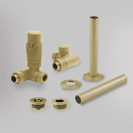 Zawór termostatyczny i zestaw wykończeniowy Dwupaliwowy - Szczotkowane złoto, dekoracyjne zawory grzejnikowe Mandelli - gładkie tło