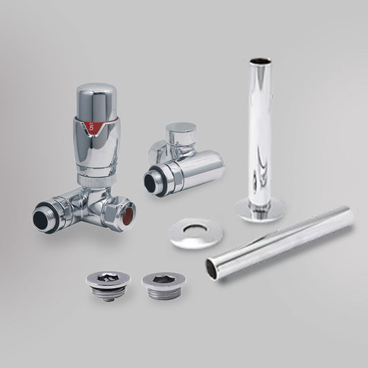 Zawór termostatyczny i zestaw wykończeniowy Dwupaliwowy - Chrom, dekoracyjne zawory grzejnikowe Mandelli - gładkie tło