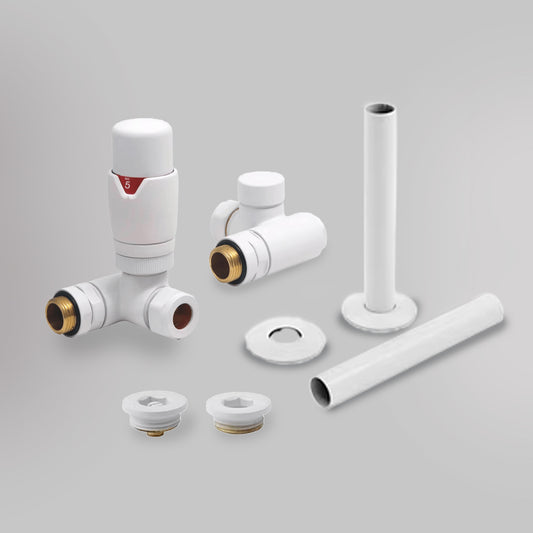 Zawór termostatyczny i zestaw wykończeniowy Dwupaliwowy - Biały, dekoracyjne zawory grzejnikowe Mandelli - gładkie tło