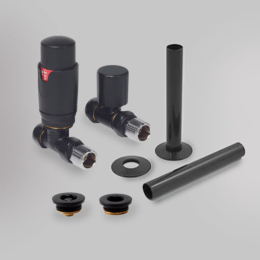 Zawór termostatyczny i zestaw wykończeniowy Prosty - Czarny, dekoracyjne zawory grzejnikowe Mandelli - gładkie tło