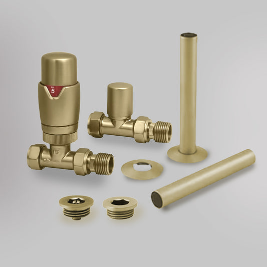 Zawór termostatyczny i zestaw wykończeniowy Prosty - Szczotkowane złoto, dekoracyjne zawory grzejnikowe Mandelli - gładkie tło