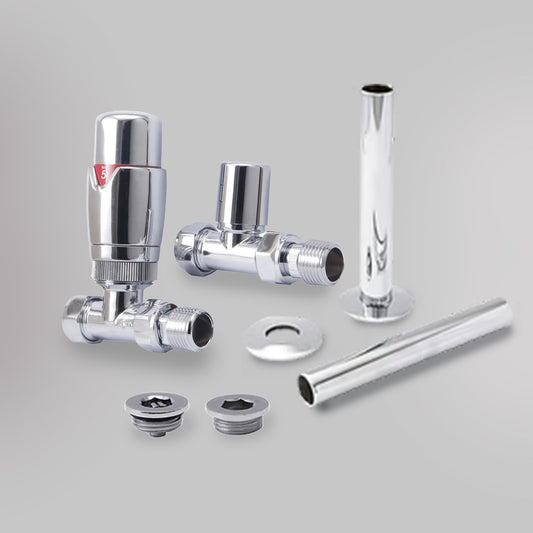 Zawór termostatyczny i zestaw wykończeniowy Prosty - Chrom, dekoracyjne zawory grzejnikowe Mandelli - gładkie tło