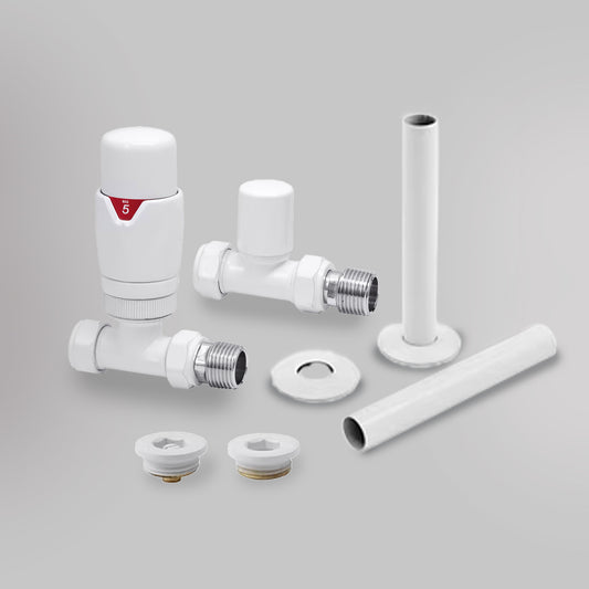 Zawór termostatyczny i zestaw wykończeniowy Prosty - Biały, dekoracyjne zawory grzejnikowe Mandelli - gładkie tło