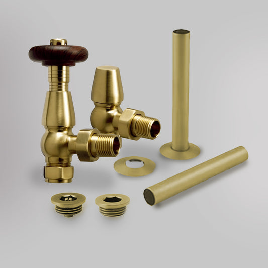 Zawór Termostatyczny i Zestaw Wykończeniowy Kątowy - Tradycyjny - Szczotkowane złoto, dekoracyjne zawory grzejnikowe Mandelli - gładkie tło