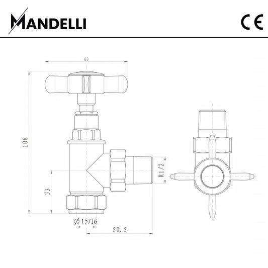 rysunek techniczny zaworu grzejnikowego -Zawór Kątowy Tradycyjny