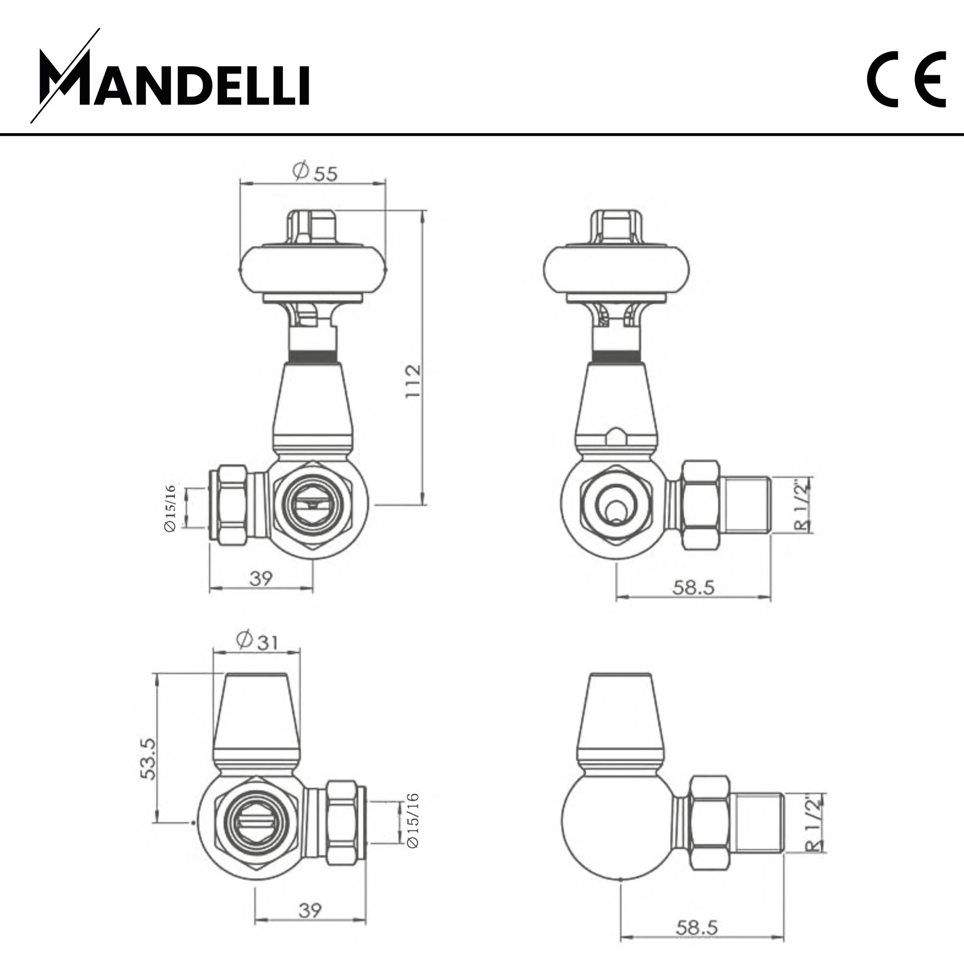 rysunek techniczny zaworu grzejnikowego -Zawór Termostatyczny Trójosiowy Tradycyjny
