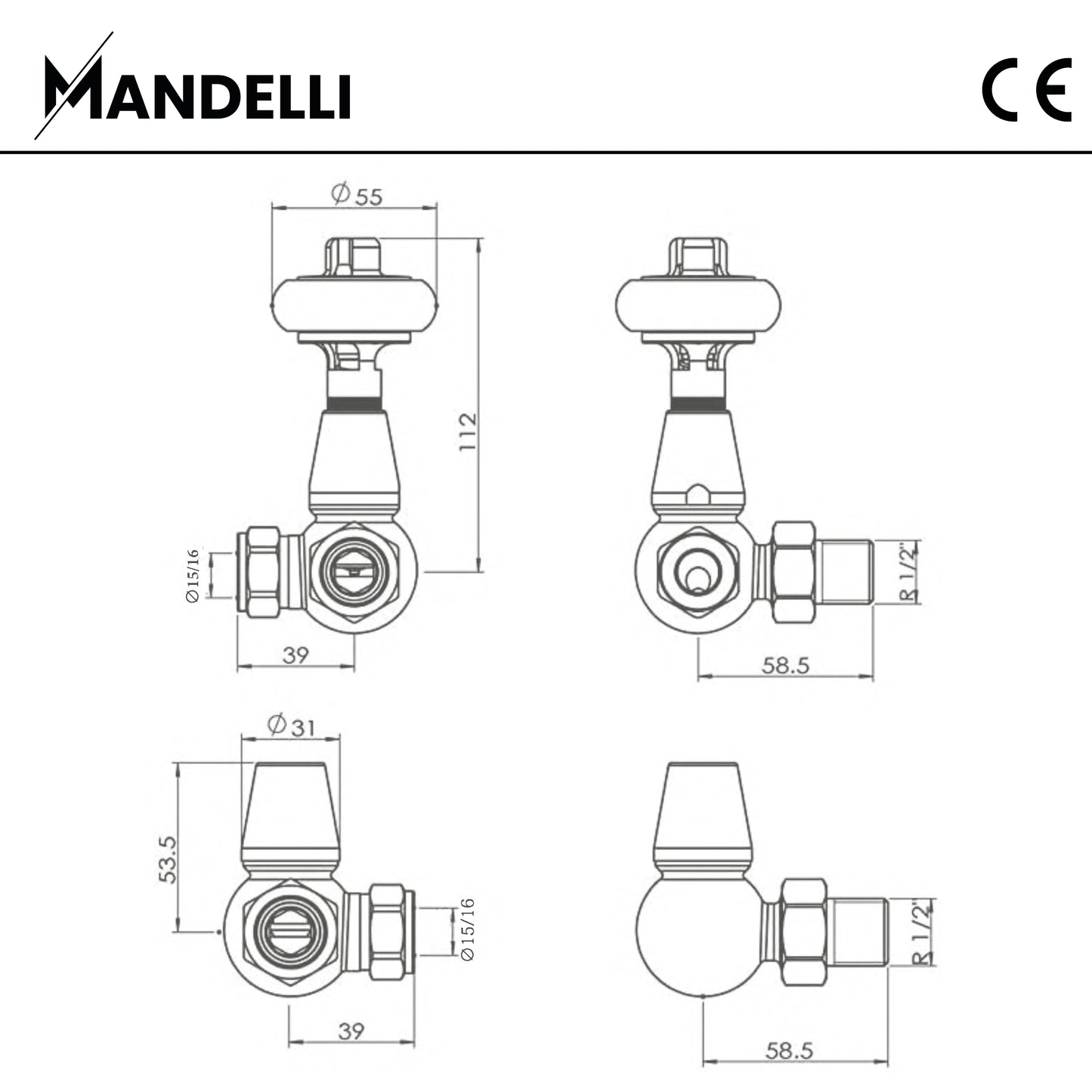 rysunek techniczny zaworu grzejnikowego -Zawór Termostatyczny Trójosiowy Tradycyjny