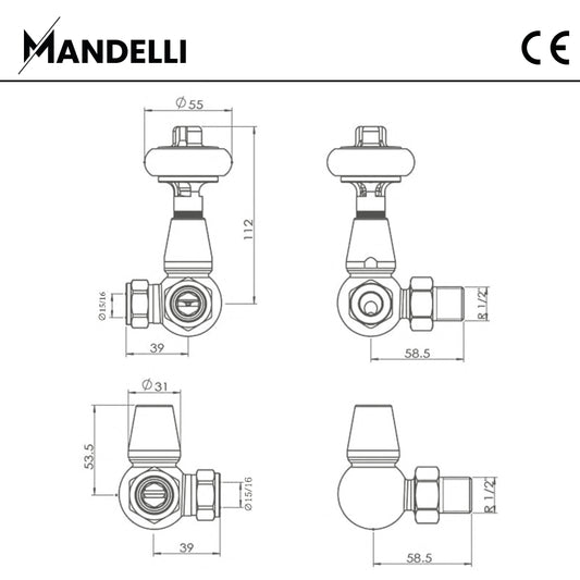 rysunek techniczny zaworu grzejnikowego -Zawór Termostatyczny Trójosiowy Tradycyjny