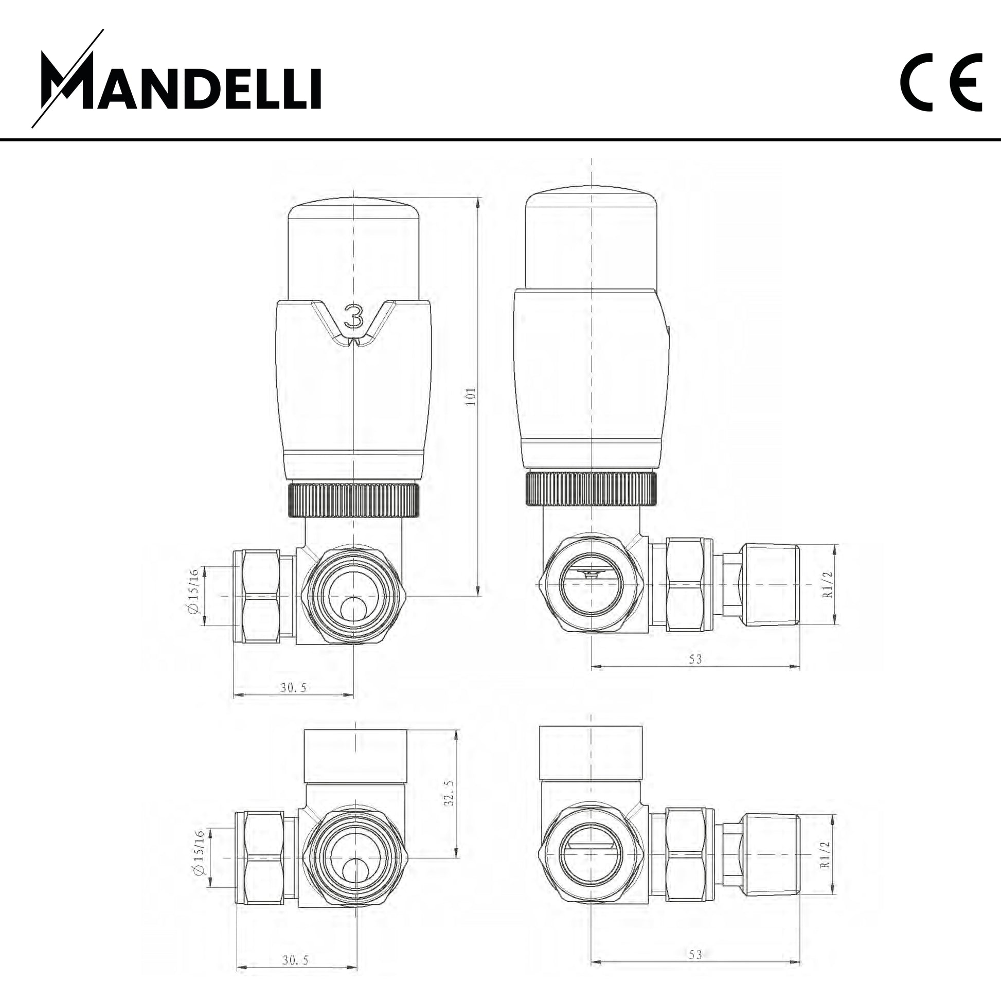 rysunek techniczny zaworu grzejnikowego -Zawór Termostatyczny Trójosiowy
