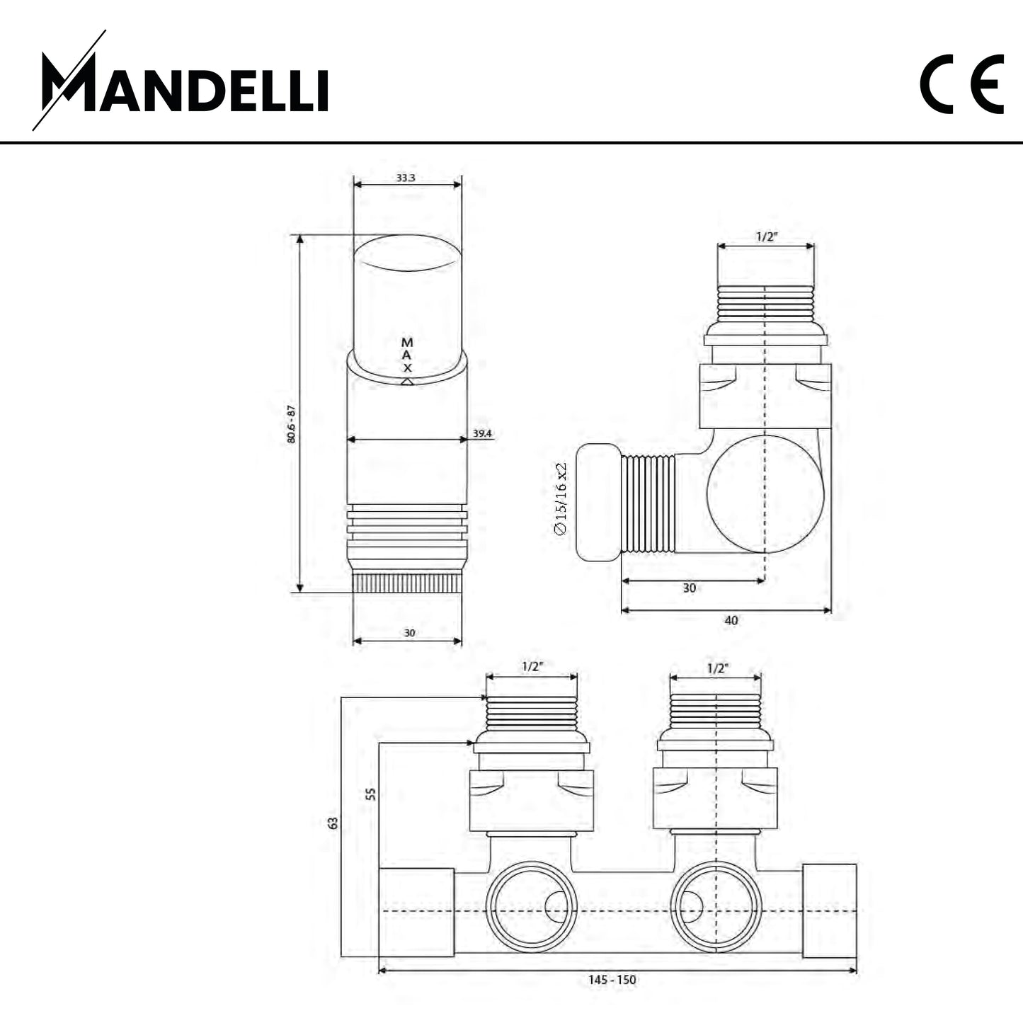 rysunek techniczny zaworu grzejnikowego -Zawór Termostatyczny Zespolony 50mm