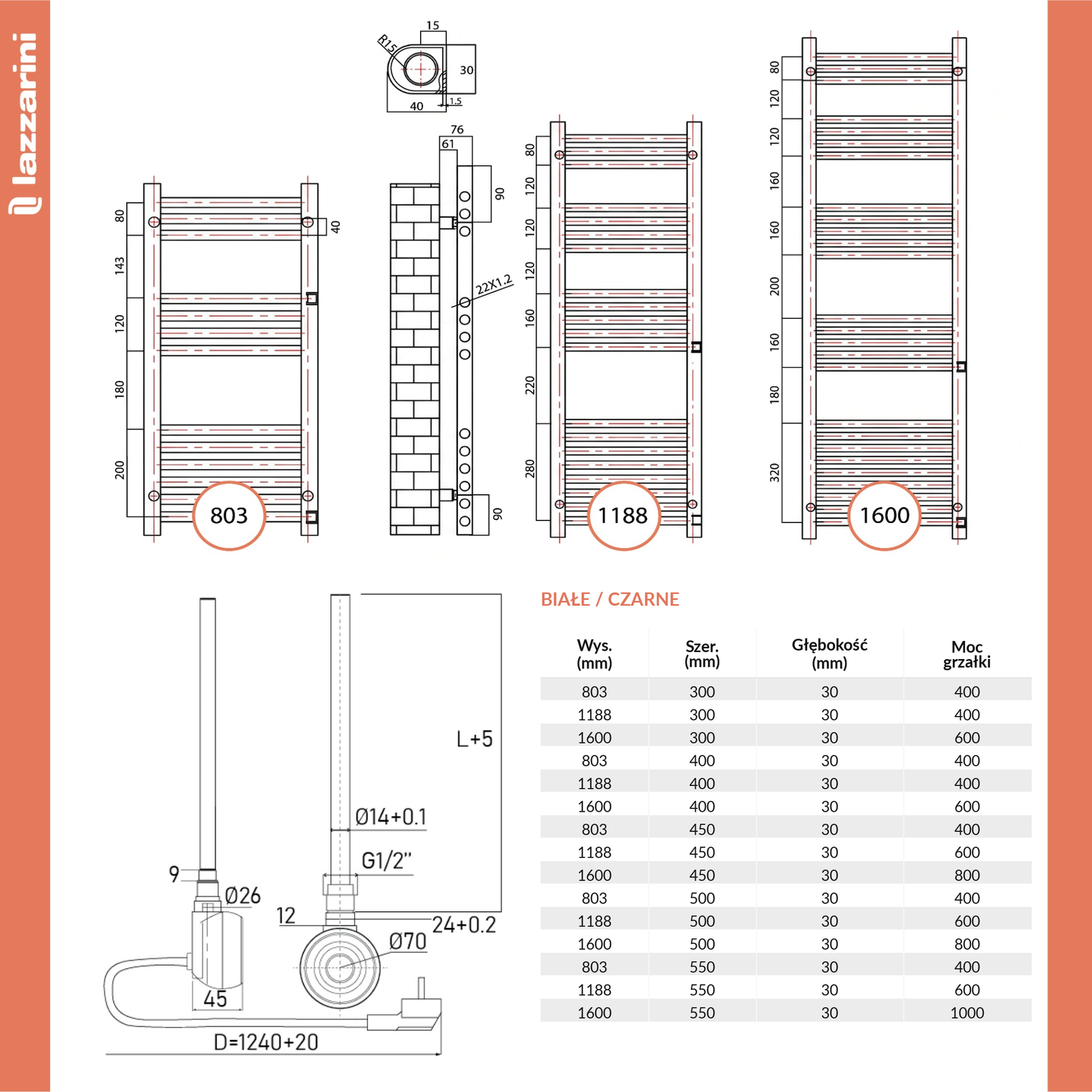 Grzejnik Łazienkowy Drabinkowy Elektryczny - Biały - 1600x300mm