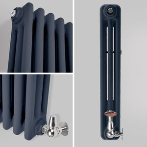 Zbliżenie profilu bocznego pokazujące szczegóły antracytowego trójkolumnowego grzejnika dekoracyjnego