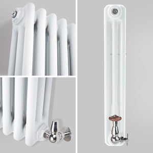 Zbliżenie profilu bocznego ukazujące szczegóły białego trójkolumnowego grzejnika dekoracyjnego